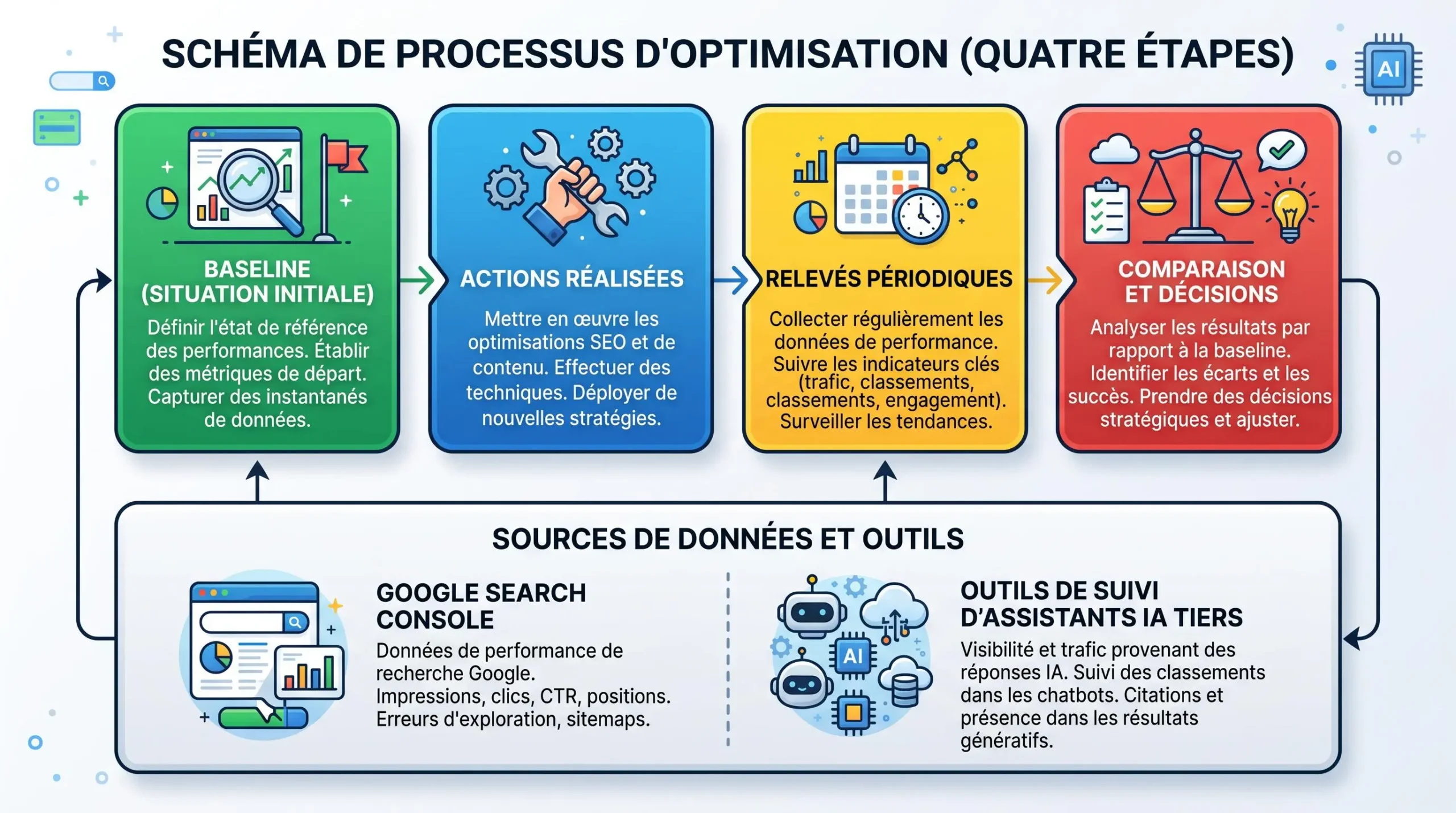 Schéma de mesure d’une prestation GEO de la baseline au reporting